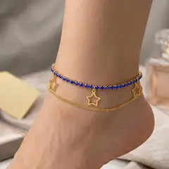 STAINLESS STEEL - Pulsera Tobillera Doble Tennis Azul Para Mujer De Estrella En Acero Inoxidable
