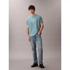 CALVIN KLEIN - Camiseta azul de algodón grueso con logo cursivo