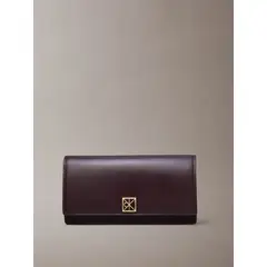 CALVIN KLEIN - Billetera marrón plegada de cuero con logo monograma emblemático