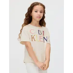 CALVIN KLEIN - Camiseta blanca Para Niña de manga corta con logo bordado multicolor