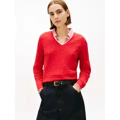 TOMMY HILFIGER - Saco rojo de punto trenzado con cuello en V