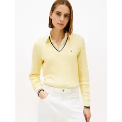 TOMMY HILFIGER - Saco amarillo de punto trenzado con cuello en V