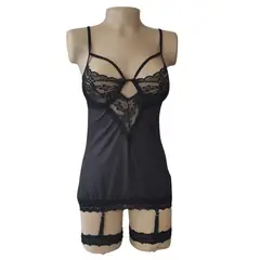 GENERICO - Baby Doll Lencería Sexy Mujer Encaje Con Ligueros Y Tanga