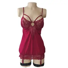 GENERICO - Baby Doll Lencería Sexy Mujer Encaje Con Ligueros Y Tanga