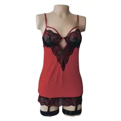 GENERICO - Baby Doll Lencería Sexy Mujer Encaje Con Ligueros Y Tanga