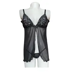 GENERICO - Baby doll con tanga hilo Negro Encaje Lenceria Sensual