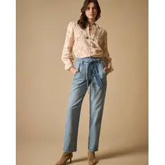 ESPRIT - Jean para Mujer Talle Alto con Cinturón Integrado y Bordados