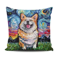 GENERICO - Funda Cojin Decorativo Diseño Noche Estrellada Con Perro Smiling Corgi 1 Sola Cara Sin Relleno 47 X 47 Cm