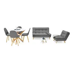 HOGAR VENECIA - Combo Sofá y Poltrona Toulouse + Mesa de Centro con Comedor Luxor + 4 Sillas Matiz Tela Gris_.