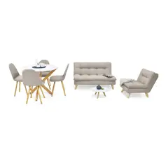 HOGAR VENECIA - Combo Sofá y Poltrona Toulouse + Mesa de Centro con Comedor Luxor + 4 Sillas Matiz Tela Beige_.