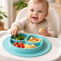 BEBESIT - PLATO ANTIDESLIZANTE PARA ALIMENTACION BEBES MAS CUBIERTOS COLOR AGUAMARINA