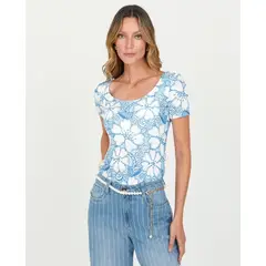 ADRISSA - CAMISETA MANGA CORTA PARA MUJER CUELLO U ESTAMPADO FLORES AZULES