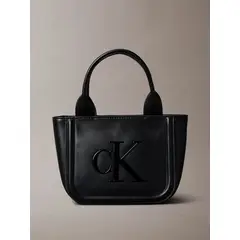 CALVIN KLEIN - Bolso negro tote pequeño con logo monograma grabado