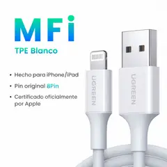 UGREEN - Cable de Datos y Carga USB-A V2.0 a Lightning IPhone, IPad 480MBPS, Blanco