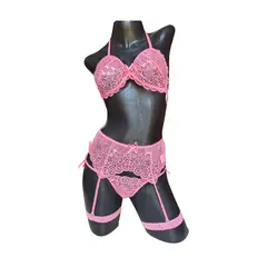 GENERICO - Conjunto sensual Ropa Interior Encaje Liguero Tanga Hilo Ligas Sexy