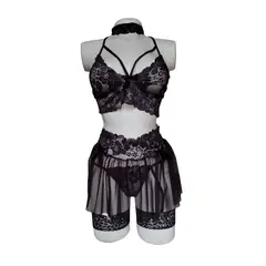 GENERICO - Conjunto sensual Ropa Interior Encaje Liguero Tanga Hilo Ligas Sexy