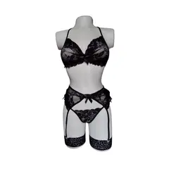 GENERICO - Conjunto sensual Ropa Interior Encaje Liguero Tanga Hilo Ligas Sexy