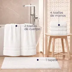 LILE - Kit Toallas de Baño Blanco 100% Algodón x7 – 4 de Mano, 2 de Cuerpo y 1 Tapete