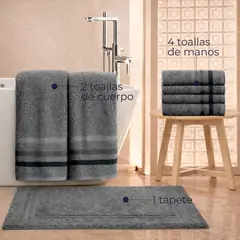 LILE - Kit Toallas de Baño Gris Oscuro 100% Algodón x7 – 4 de Mano, 2 de Cuerpo y 1 Tapete