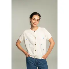 EASY PEOPLE - Cardigan corto flores bordadas - crudo