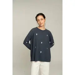 EASY PEOPLE - Sweater flores bordadas - azul petróleo