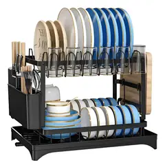 BUFFER FLASK - Organizador Escurridor De Platos 2 Niveles Negro Multifuncional Para Cocina 29x42x29 cm