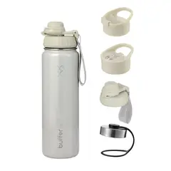 BUFFER FLASK - Termo Botella Agua Termica 700 Ml Buffer Acero Inoxidable + 4 Tapas - Beige