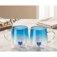 GENERICO - Pack de 2 Pocillos de Vidrio con Corazón Interior, Azul - Azul. 400 ml