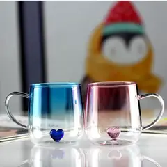 GENERICO - Pack de 2 Pocillos de Vidrio con Corazón Interior, Rosa - Azul. 400 ml