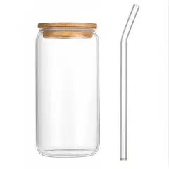 GENERICO - Pack por 4 Vasos de Vidrio tapa de bambú pitillo reutilizable Transparente 500ml