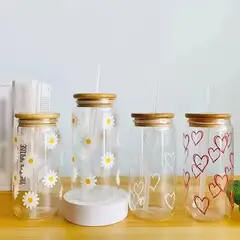 GENERICO - Pack por 4 Vasos de Vidrio tapa de bambú pitillo reutilizable Diseño 500ml