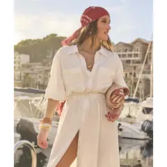 PATPRIMO - Vestido Largo Camisero Con Bolsillos  Para Mujer Crema