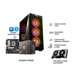 AMD - PC GAMER R7 8700F - B650-A WIFI +BT- RTX 5060TI 16GB - RAM 64GB - SSD 1.5TB - FUENTE 750W 80+