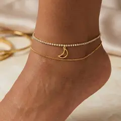 STAINLESS STEEL - Pulsera Tobillera Doble Tennis Blanca Para Mujer De Luna En Acero Inoxidable