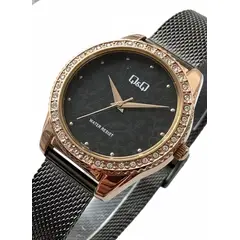 Q&Q - Reloj Mujer Oro Rosa Negro Pulsera Malla Floral Elegante