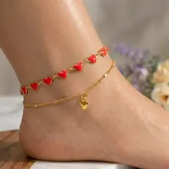 STAINLESS STEEL - Pulsera Tobillera Doble Corazon Rojo Esmaltada Para Mujer En Acero Inoxidable