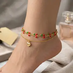 STAINLESS STEEL - Pulsera Tobillera Doble Cereza Roja Esmaltada Para Mujer En Acero Inoxidable