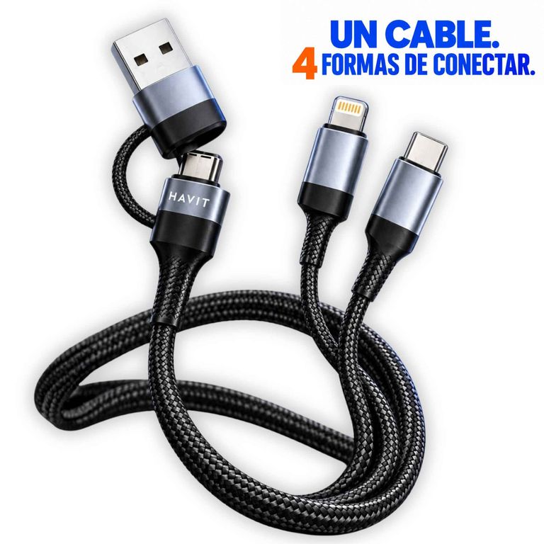 Imagen de Cable 4 en 1 USB A/C a USB-C/LIGHTNING, Color Negro-Gris ( Tipo C, Iphone & Tipo A )