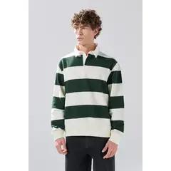 KOAJ - Buzo crema claro oversize con rayas verdes y cuello pol Hombre