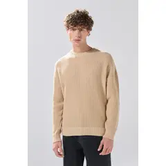 KOAJ - Suéter cuello redondo kaki con hombro rodado Hombre