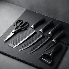 007PLUS - Kit de Cuchillos de Cocina Negro 6 Piezas Acero Inoxidable