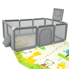 AMERICAN GENERICS - Corral de Juegos Rectangular Infantil con Aro de Baloncesto y Portería con tapete