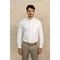 DANTE - Camisa Antimanchas Popelina Blanco con Bolsillo Logo Azul- Talla Regular