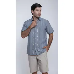 FRIXIO - Guayabera Hombre Índigo Claro 100% Lino con Alforzas y Calado