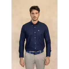 DANTE - Camisa Antimanchas Oxford Azul Oscuro con Bolsillo Logo Gris - Talla Regular