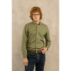 DANTE - Camisa Antimanchas Oxford Verde Militar - Talla Regular