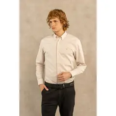 DANTE - Camisa Antimanchas Popelina Cuadros Pequeños Beige