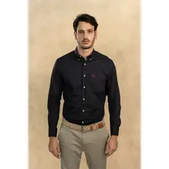 DANTE - Camisa Antimanchas Popelina Negro con Bolsillo Logo Burgundy - Talla Regular