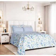 BALI - Colcha Doble Faz para Cama Doble 215×240 + Funda 50×75 Flores y rayas en tonos azules