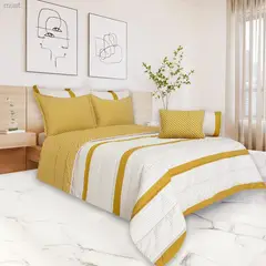 BALI - Colcha Doble Faz para Cama Doble 215×240 + Funda 50×75 Flores en tonos beige y mostaza Polialgodón